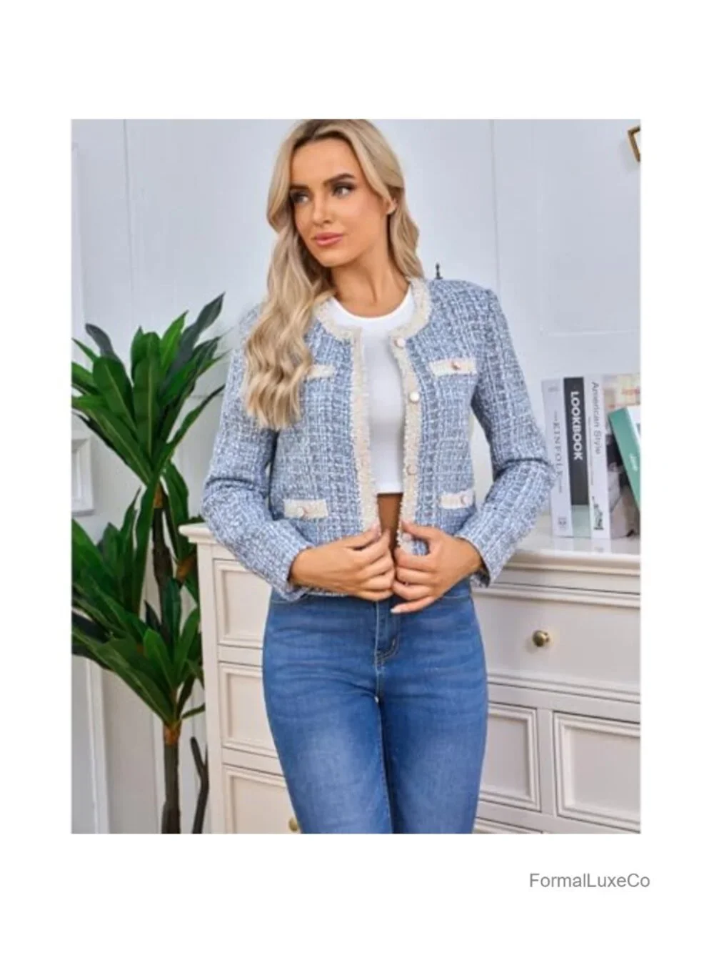 Women's Tweed Cropped Blazer Long Sleeve Crewneck Open Front Lace Trim Plaid